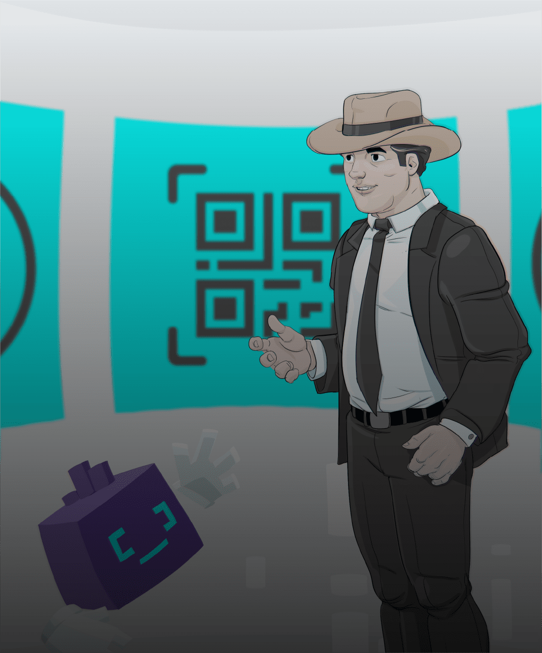 An icon of a sales team presenting, with a briefcase, presentation slides, and a confident stance, illustrating the sharing of sales collateral with assurance