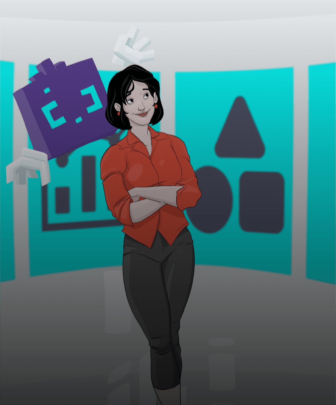 An icon of an HR team welcoming a new hire, with consistent branding elements visible in the background, representing a consistent brand experience for internal communications