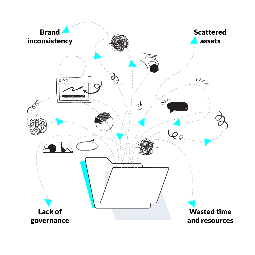 linkable-id-brand-chaos A chaotic visual representation of a brand, with fragmented logos, inconsistent colors, and scattered marketing materials, illustrating the loss of brand control