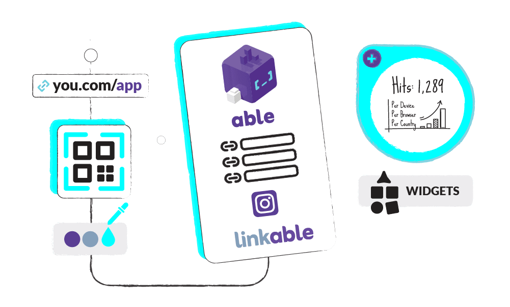 linkable-id-branded-pages A stylized icon of a mobile phone or tablet screen displaying a simple, branded landing page with various content blocks, representing an easy-to-build "link in bio" or digital business card