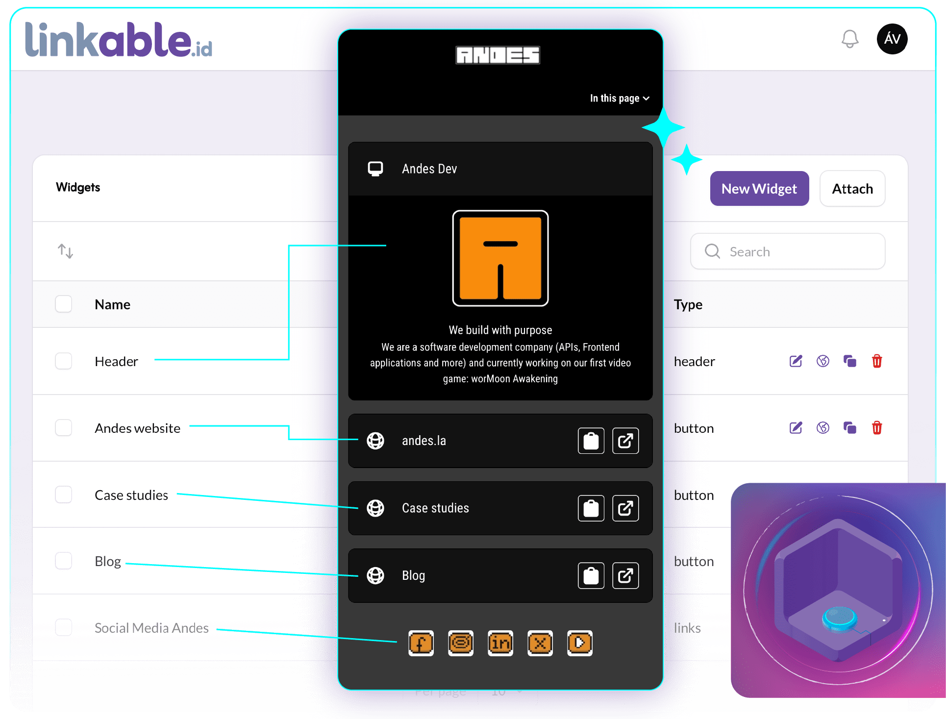 A screenshot of the linkable.id platform demonstrating the branded landing page builder, showcasing drag-and-drop elements and customization capabilities