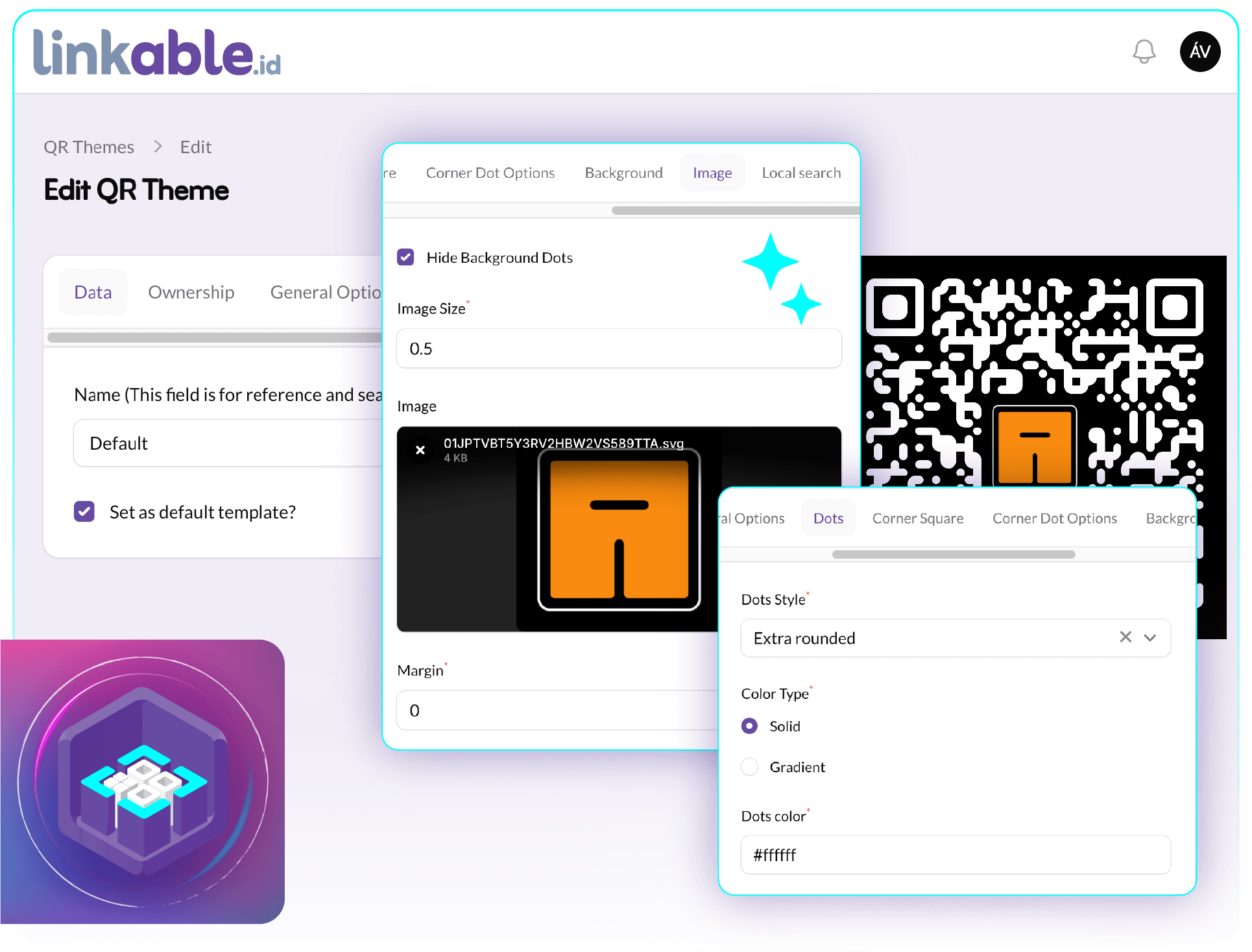 A screenshot of the linkable.id dashboard displaying the dynamic QR code generator with various branding and design customization features